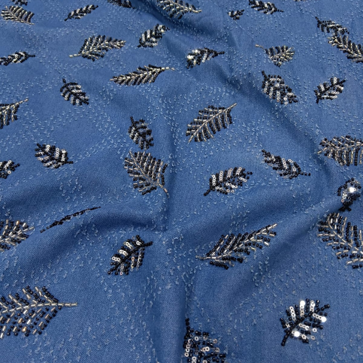 Premium Denim Fabric with Handcrafted Cutdana Leaf Embroidery