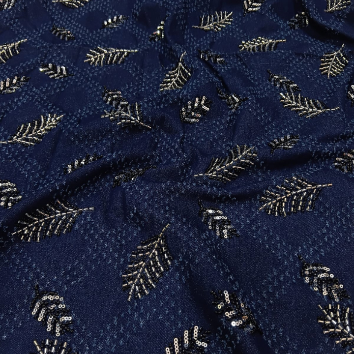 Premium Denim Fabric with Handcrafted Cutdana Leaf Embroidery