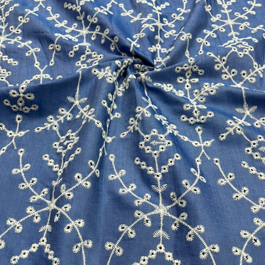 Premium Big Width Embroidered Denim Fabric Intricate Thread Work