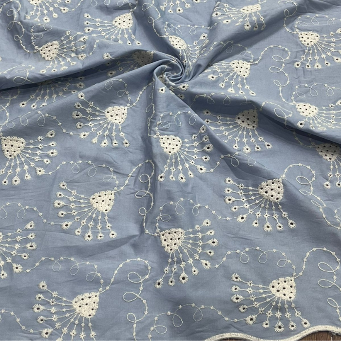 Premium Big Width Embroidered Denim Fabric Intricate Thread Work