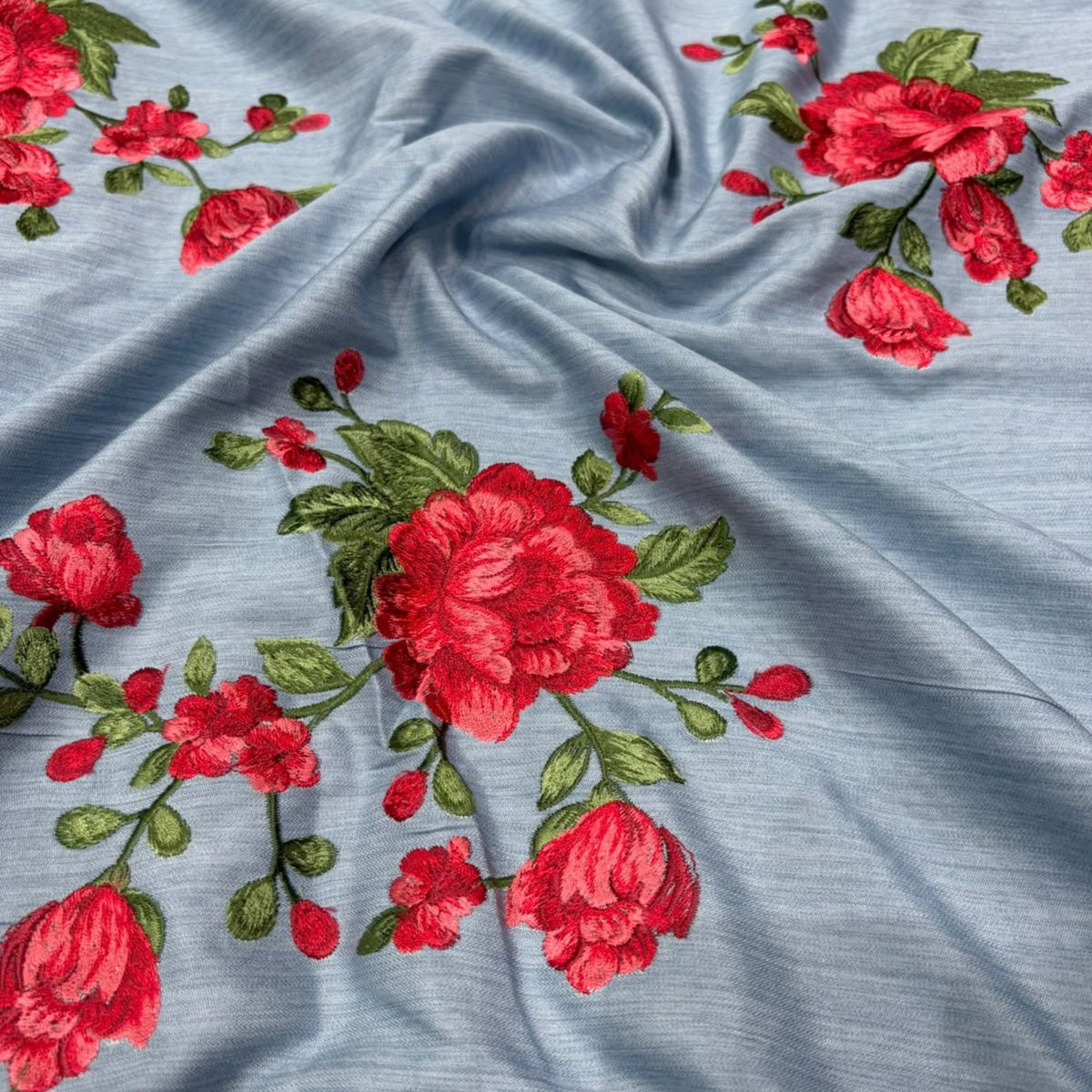 Floral Embroidered Denim Fabric Big Width Rose Bouquet Pattern