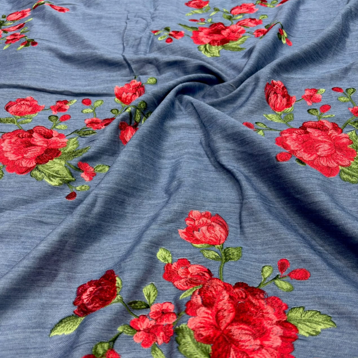 Floral Embroidered Denim Fabric Big Width Rose Bouquet Pattern