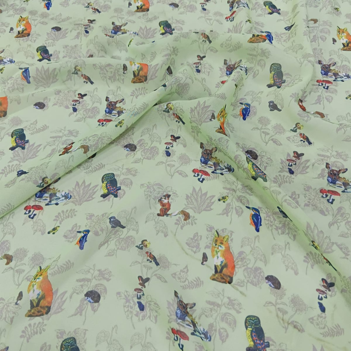 Premium Woodland Animal Printed Georgette Fabric Big Width
