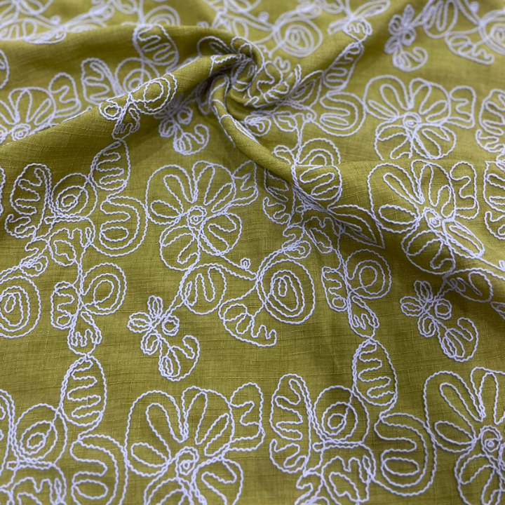 Floral Embroidered Linen Fabric Big Width