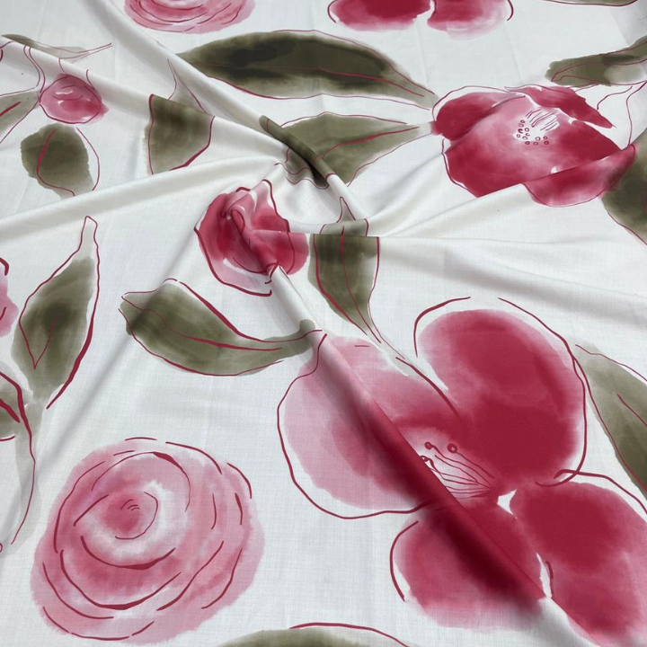 Discover our premium big width linen satin prints Combining an exquisite botanical pattern