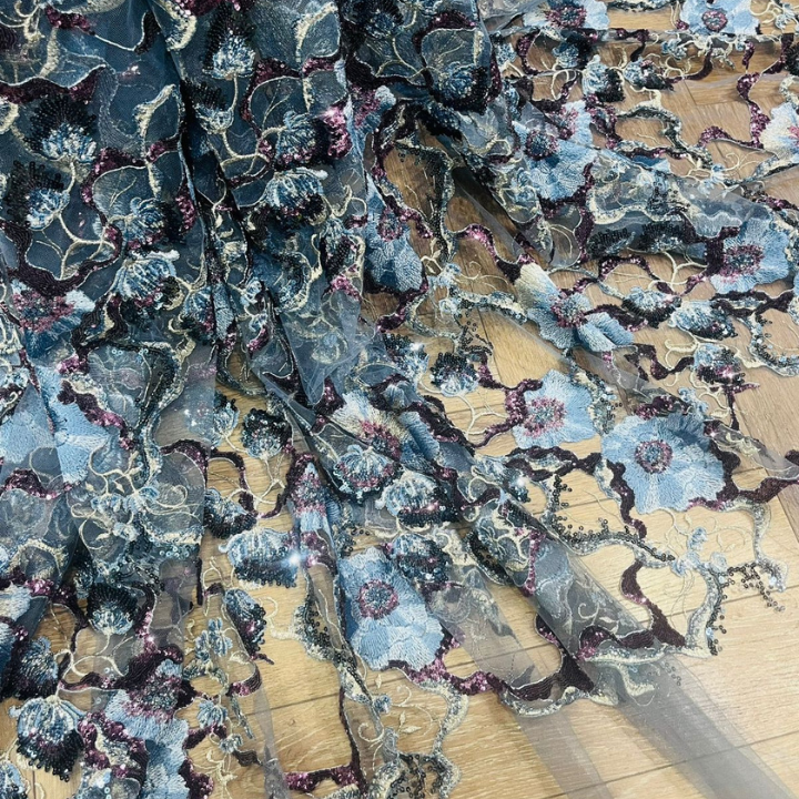 3D Floral Embroidered Net Fabric with Cutdana Beading Big Width