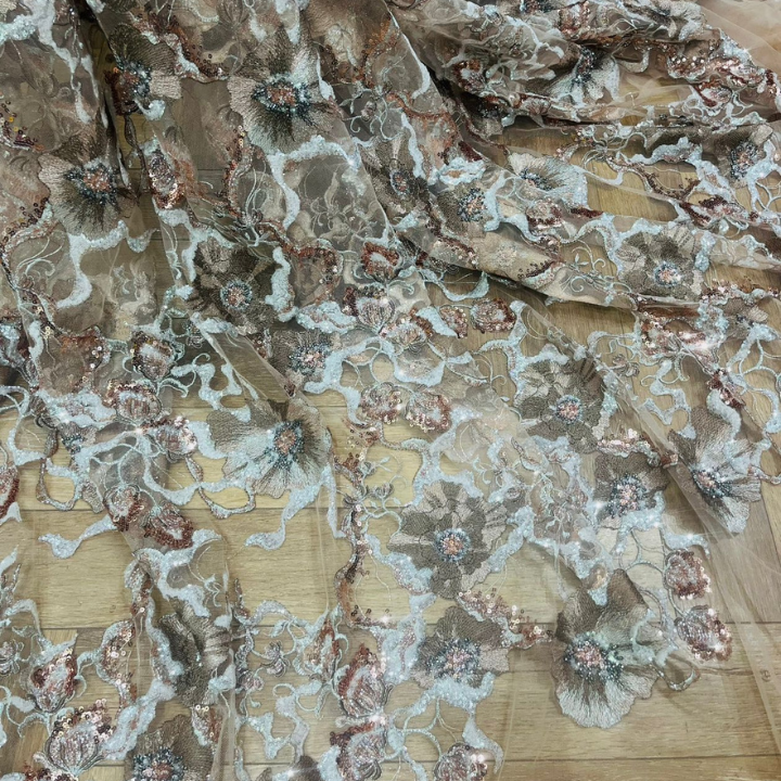 3D Floral Embroidered Net Fabric with Cutdana Beading Big Width