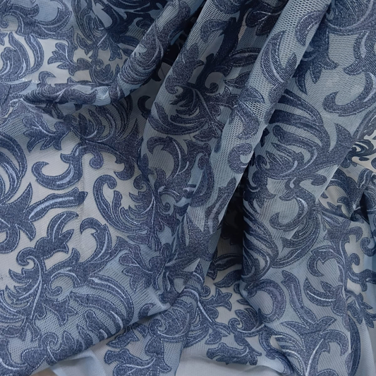 Patch Embroidery on Fulful Net Fabric Big Width Baroque Damask Scroll Pattern