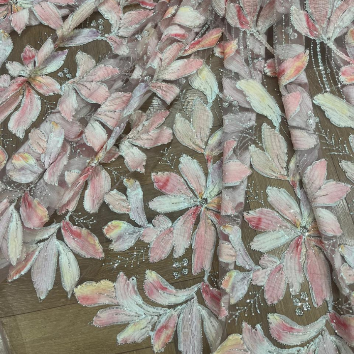 Premium 3D Ribbon Work Hand Embellished Net Fabric Heavy Embroidery Wide Width Fabric for Luxury Garments