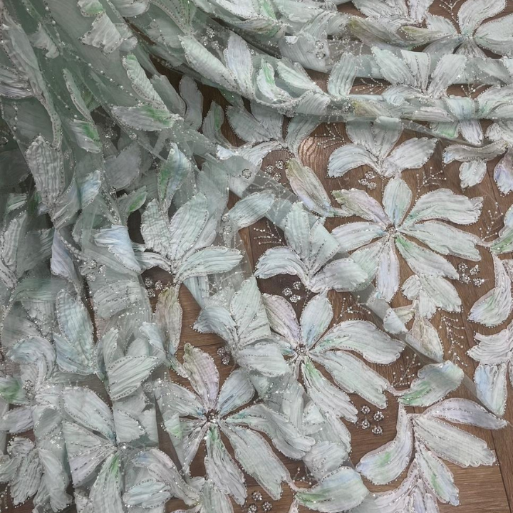 Premium 3D Ribbon Work Hand Embellished Net Fabric Heavy Embroidery Wide Width Fabric for Luxury Garments