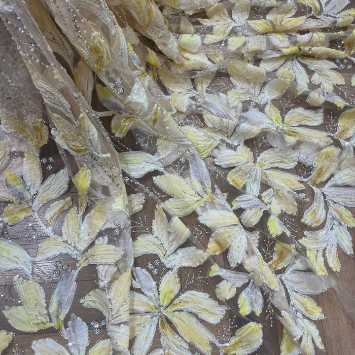Premium 3D Ribbon Work Hand Embellished Net Fabric Heavy Embroidery Wide Width Fabric for Luxury Garments