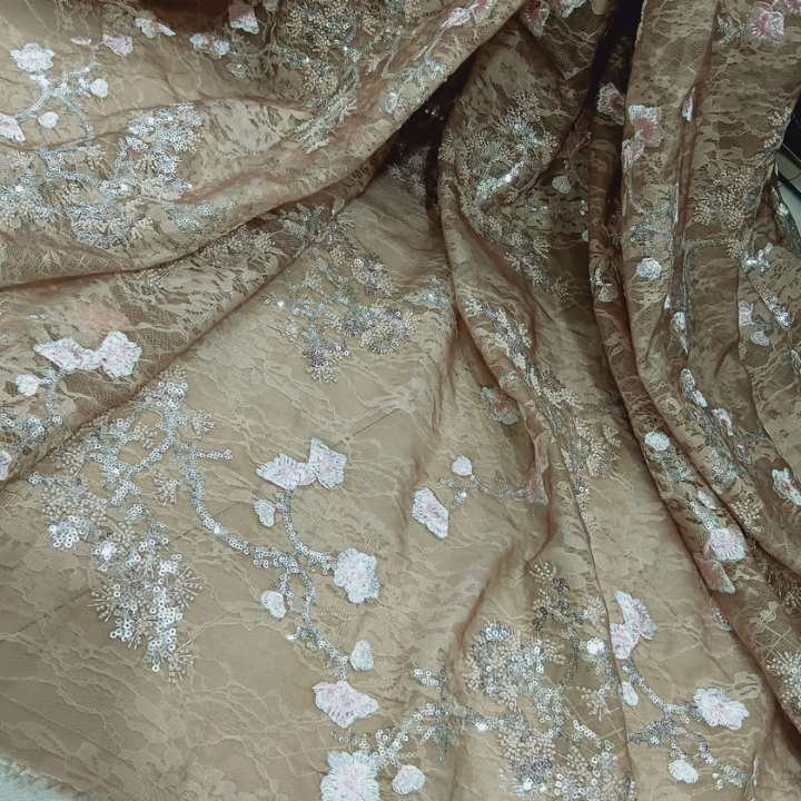 Sequins and Cutdana Embroidery on Floral Self-Net Fabric Big Width