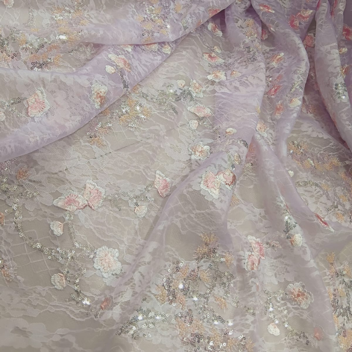 Sequins and Cutdana Embroidery on Floral Self-Net Fabric Big Width