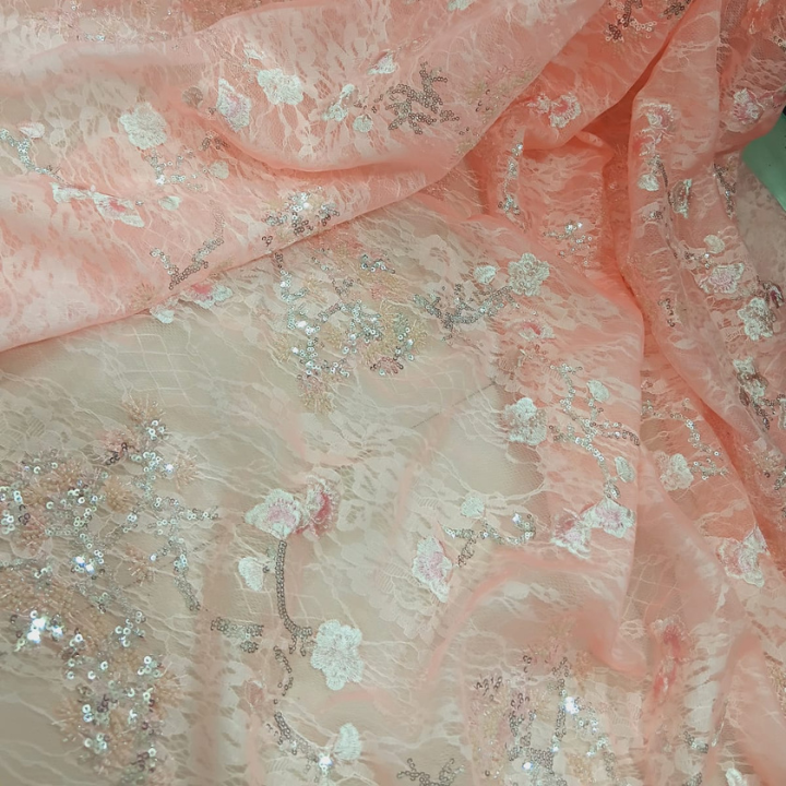 Sequins and Cutdana Embroidery on Floral Self-Net Fabric Big Width