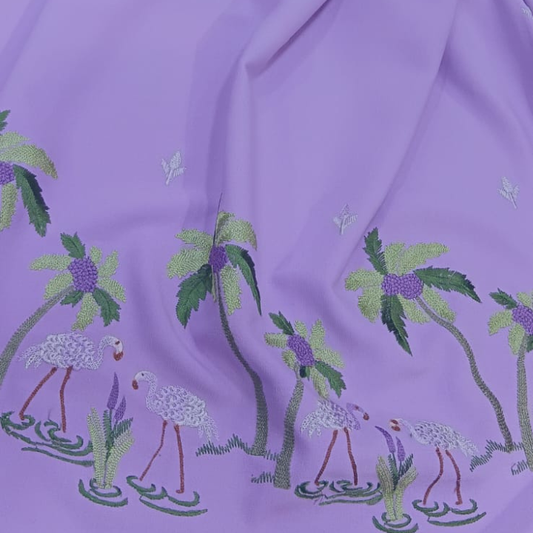 Tropical Flamingo & Palm Tree Border Embroidered Fabric Big Width Artisanal Pattern