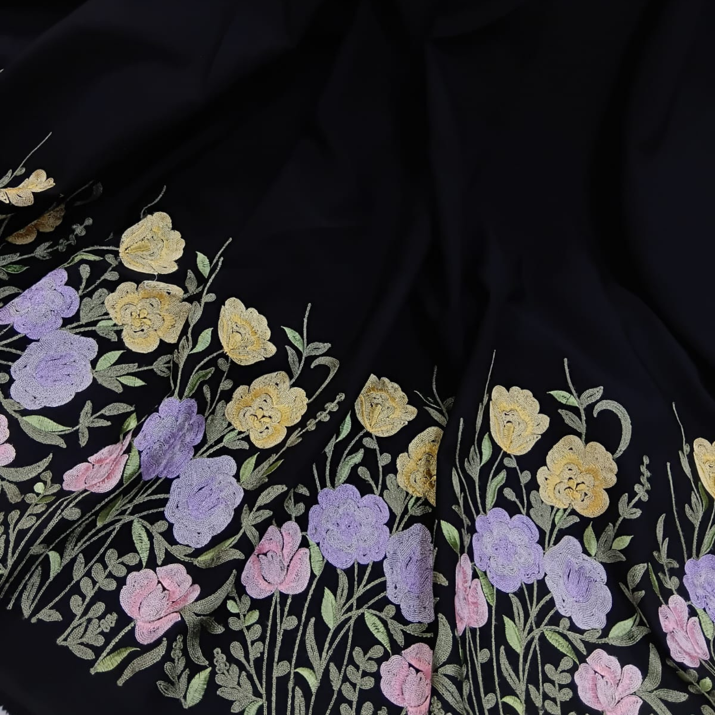 Floral Embroidered Border Banana Fabric Big Width