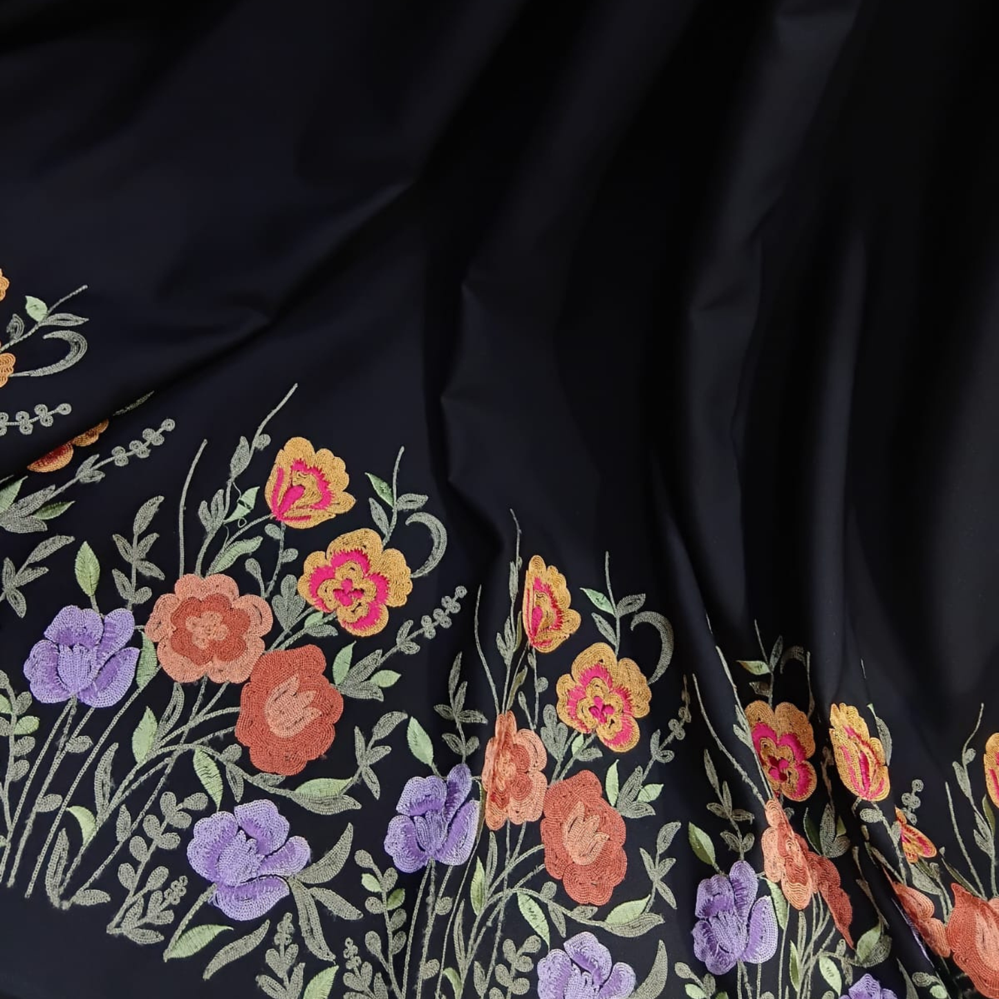 Floral Embroidered Border Banana Fabric Big Width