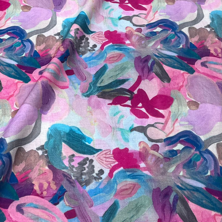 Belgium Linen Printed Fabric Abstract Floral Pattern Big Width