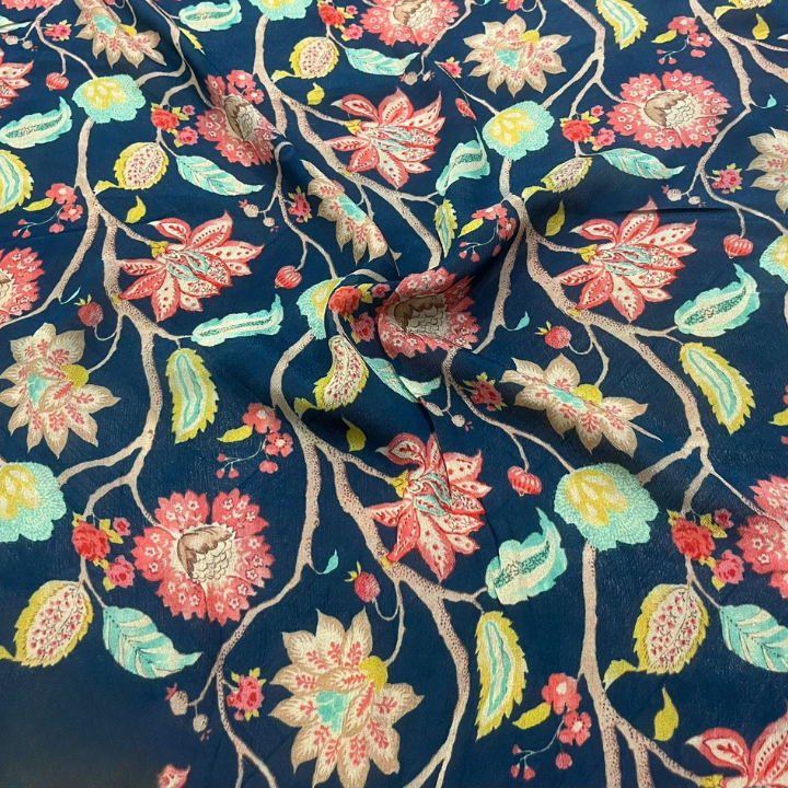 Premium Chinon Floral Print Fabric 44 Width Elegant Vine & Bloom Pattern