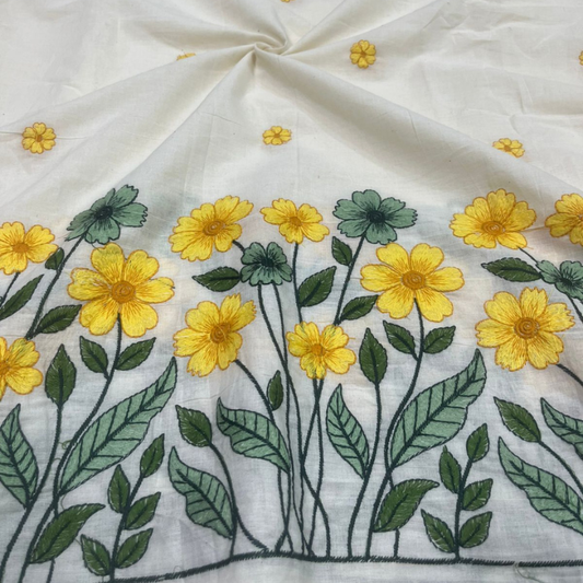 High Quality Kora Cotton Fabric Featuring Elegant Floral Border Embroidery Pattern for Dress Making