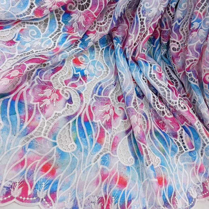 Crepe Cutwork Fabric Big Width with Intricate Floral Embroidery & Scalloped
