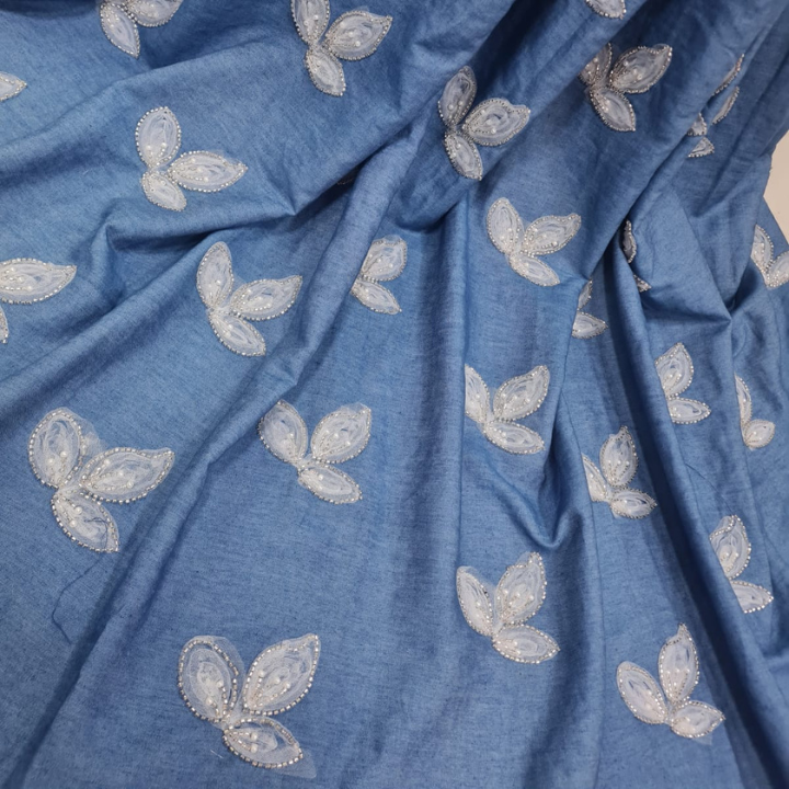 Designer Denim Fabric with Ornate Cutdana Work