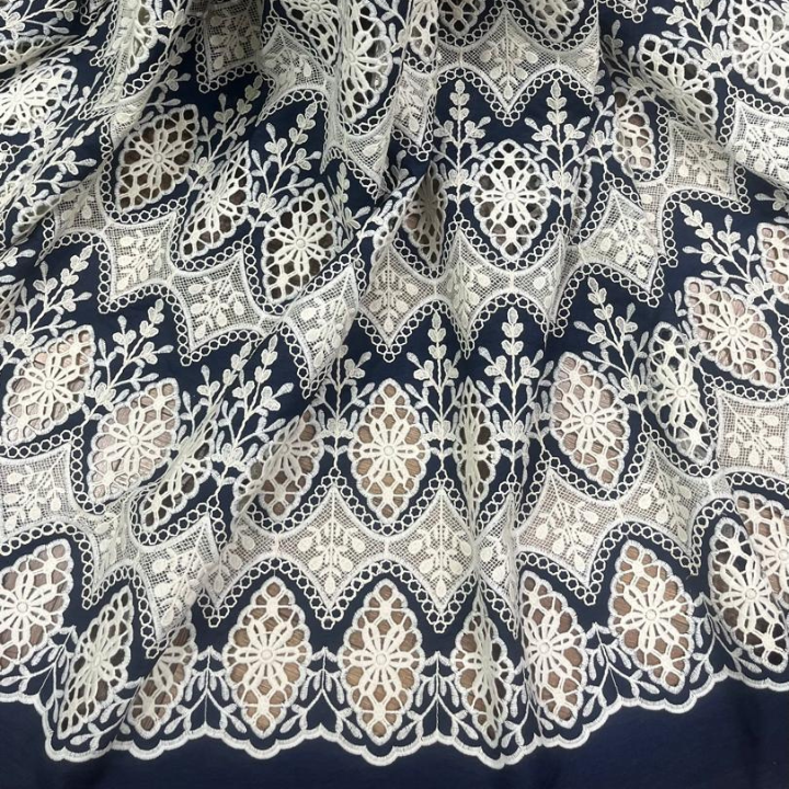 Premium Imported Denim Cutwork Fabric 60 Big Width Geometric Floral Lace for Luxury Dresses & Co-ord Sets