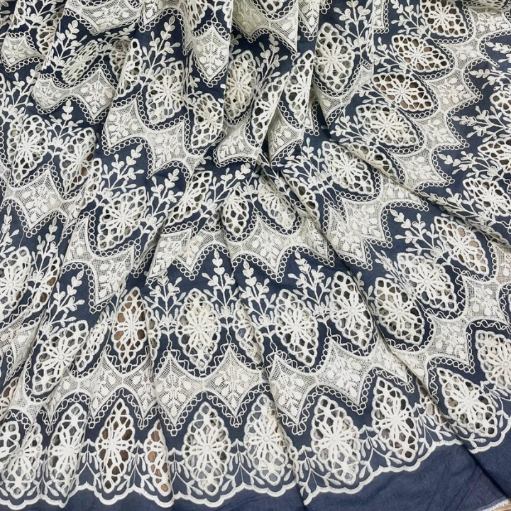 Premium Imported Denim Cutwork Fabric 60 Big Width Geometric Floral Lace for Luxury Dresses & Co-ord Sets
