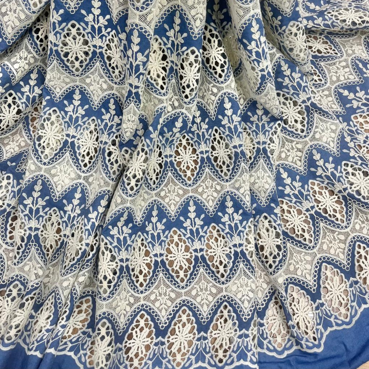 Premium Imported Denim Cutwork Fabric 60 Big Width Geometric Floral Lace for Luxury Dresses & Co-ord Sets