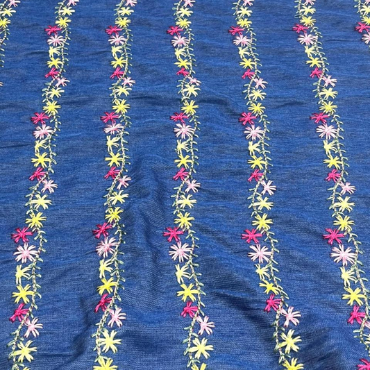 Premium Embroidered Denim Fabric High Quality Multi Design Floral Embroidery on Wide Width Denim Base