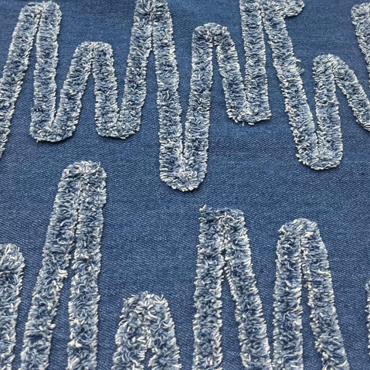 Premium Big Width Denim Embroidery Fabric Textured Zigzag Wave Pattern for Designer