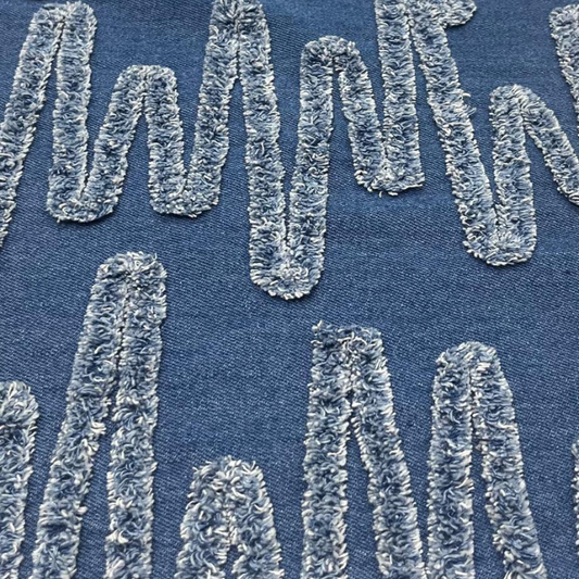 Premium Big Width Denim Embroidery Fabric Textured Zigzag Wave Pattern for Designer