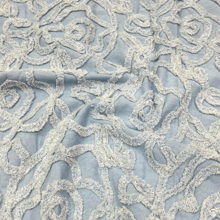 Premium Floral Rose Embroidered Denim Fabric Big Width