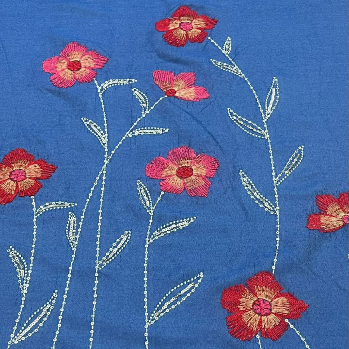 Denim Fabric with Floral Embroidery Border Big Width