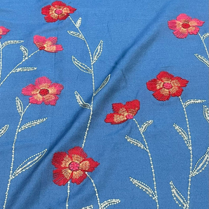 Denim Fabric with Floral Embroidery Border Big Width
