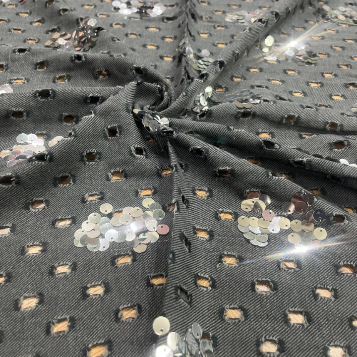 Designer Big Width Embroidered Denim Fabric with Sequins and Cutwork Premium Multi Design Collection