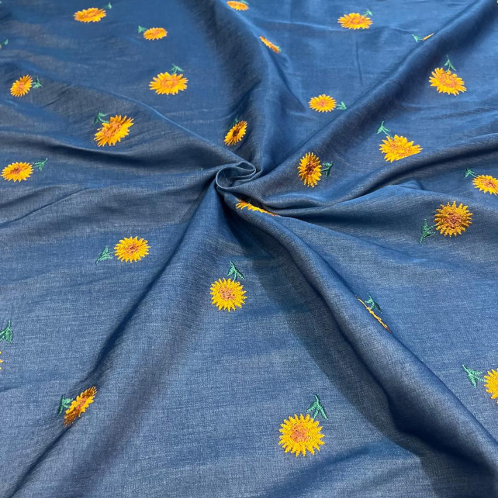 Denim Sandwash Embroidery Big Width Sunflower Pattern Fabric