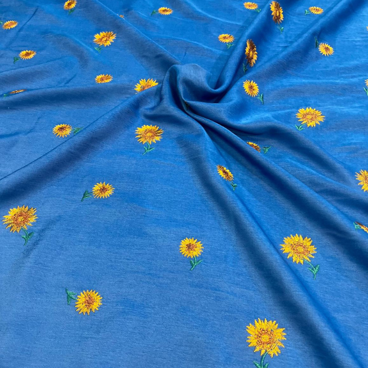 Denim Sandwash Embroidery Big Width Sunflower Pattern Fabric