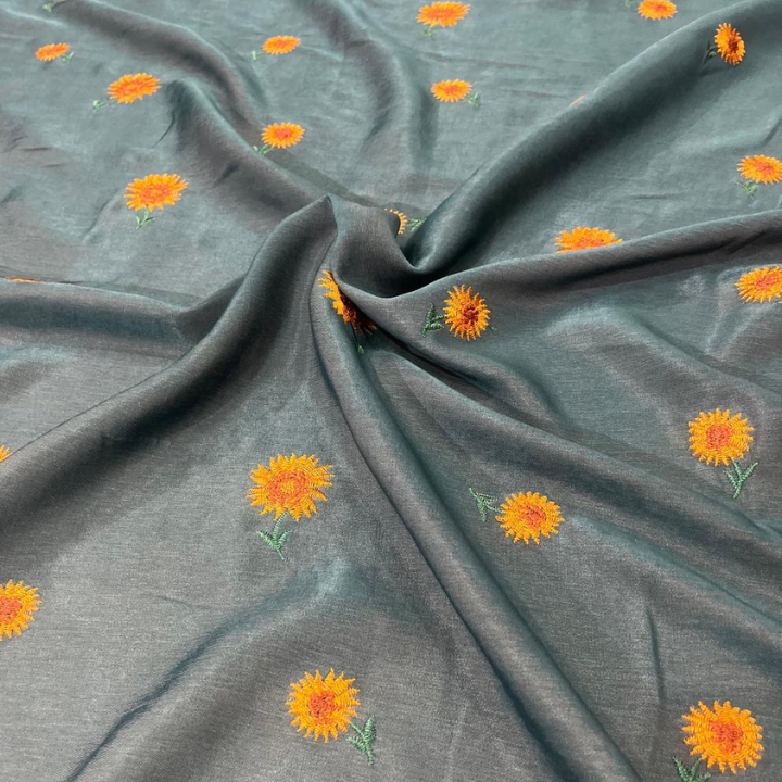 Denim Sandwash Embroidery Big Width Sunflower Pattern Fabric
