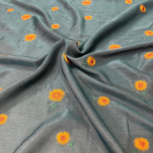Denim Sandwash Embroidery Big Width Sunflower Pattern Fabric