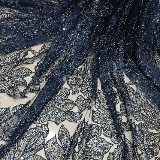 Premium floral net embroidery fabric with cutdana work in big width Perfect for dresses, gowns, sarees, lehengas.