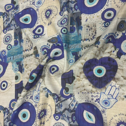 Mystic Evil Eye & Hamsa Print Premium Turkey Linen Fabric Big Width