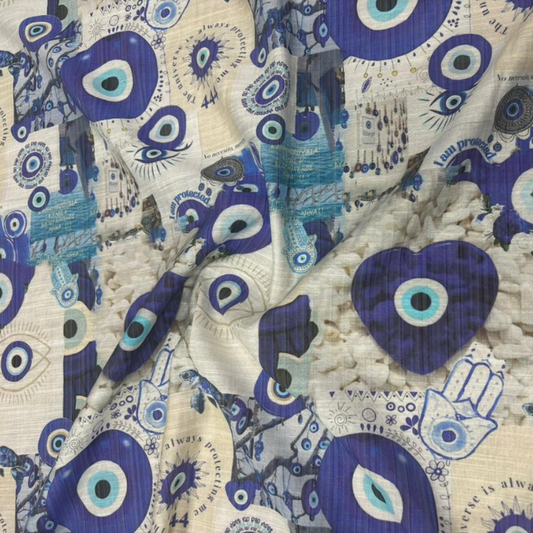 Mystic Evil Eye & Hamsa Print Premium Turkey Linen Fabric Big Width