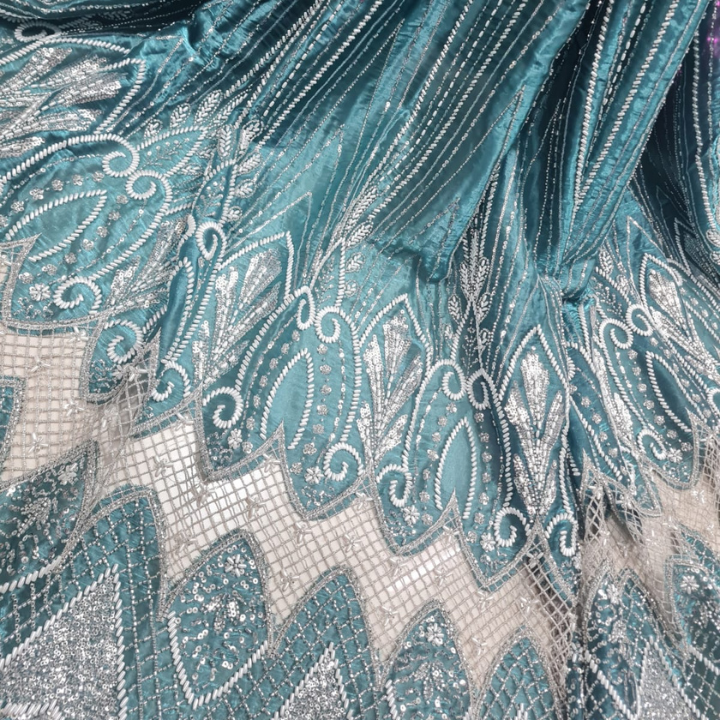 Cutdana Hand Embroidered Galaxy Organza Fabric Heavy Bridal Border & Linear Shimmer Pattern Big Width