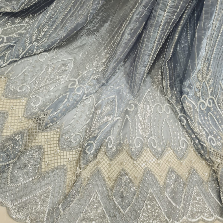 Cutdana Hand Embroidered Galaxy Organza Fabric Heavy Bridal Border & Linear Shimmer Pattern Big Width