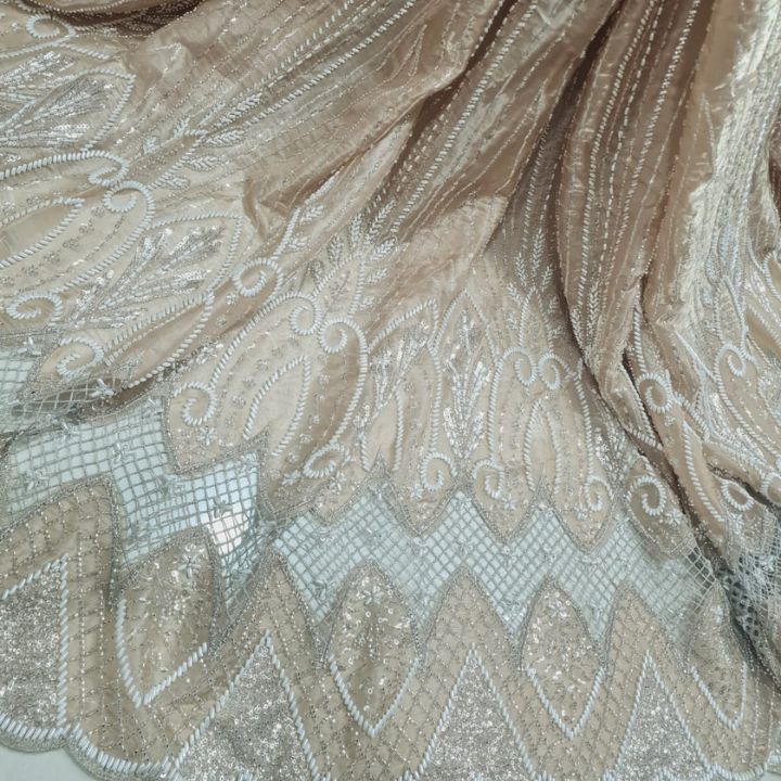 Cutdana Hand Embroidered Galaxy Organza Fabric Heavy Bridal Border & Linear Shimmer Pattern Big Width