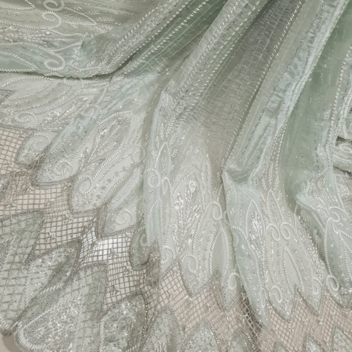 Cutdana Hand Embroidered Galaxy Organza Fabric Heavy Bridal Border & Linear Shimmer Pattern Big Width