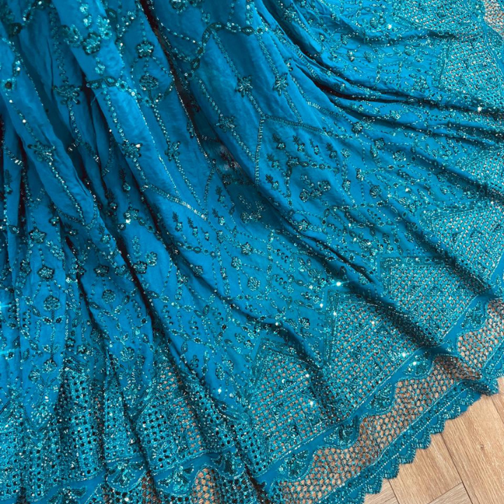 Intricate Cutwork & Cutdana Hand Embroidery Georgette Fabric  Floral Pattern with Scalloped Border