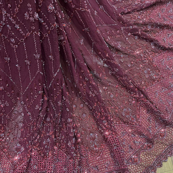 Intricate Cutwork & Cutdana Hand Embroidery Georgette Fabric  Floral Pattern with Scalloped Border
