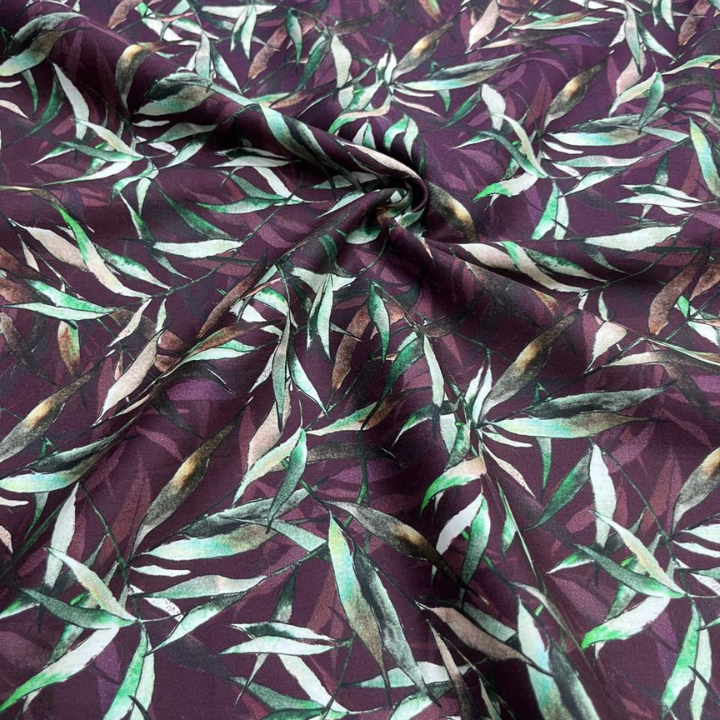 Premium Cotton Satin Fabric Botanical Leaf Digital Print Big Width